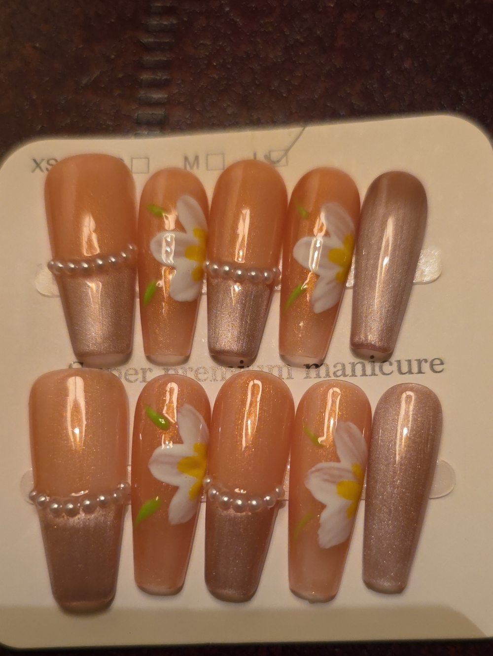 Peach Floral Pearl Accent Press-On Nails - Size Large